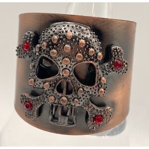 Copper Tone Skull Wide Cuff Bracelet Goth Style Red Rhinestones